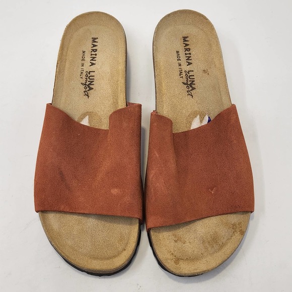 Marina Luna Comfort Orange Suede Cork Wedge Slides Sandals Size 8.5 Slip On Shoe - Picture 2 of 8